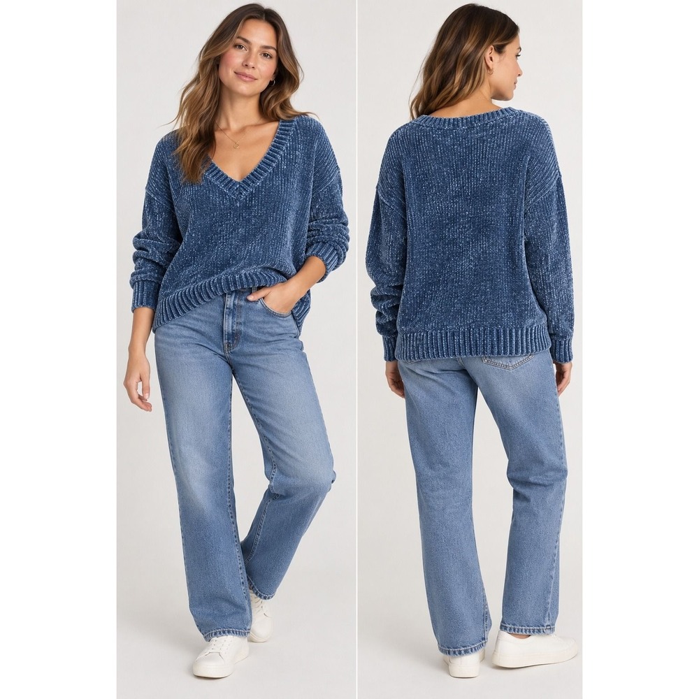 Gap Blue Chenille V-Neck Sweater Soft Knit Pullover Womens Small